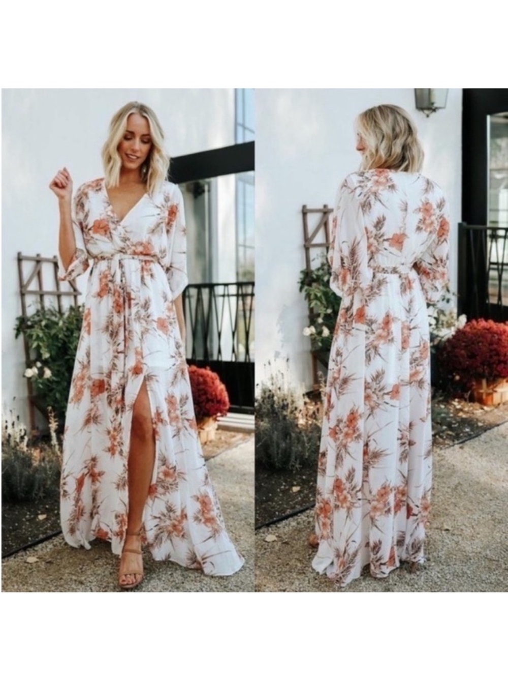 Baltic Born Kira Kimono Maxi Dress Tie Waist Slit Front Size XXL White Floral